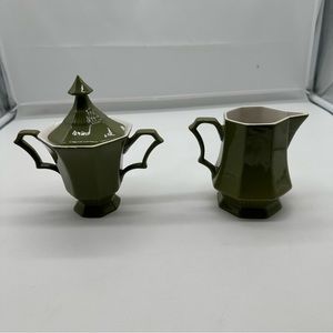 Vintage Independence Limerick Sugar Bowl & Creamer Green  Japan Ironstone
